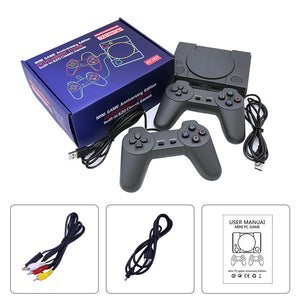 Retro game console resembling the NES with two wired controllers