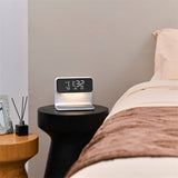 3-in-1 bedside lamp with wireless charging pad, adjustable light settings, and built-in clock