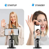 Black 360° auto face tracking gimbal for smartphones with a built-in tripod mount