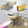 Transforming robot toy in fighter jet mode with wings spread, spraying water, with flashing lights and sound effects