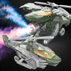Transforming robot toy in fighter jet mode with wings spread, spraying water, with flashing lights and sound effects
