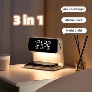 3-in-1 bedside lamp with wireless charging pad, adjustable light settings, and built-in clock
