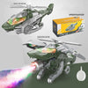 Transforming robot toy in fighter jet mode with wings spread, spraying water, with flashing lights and sound effects
