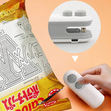 Mini handheld heat sealer with white and blue color options, featuring a cutting blade and USB charging port