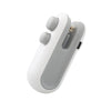 Mini handheld heat sealer with white and blue color options, featuring a cutting blade and USB charging port