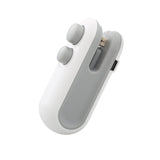 Mini handheld heat sealer with white and blue color options, featuring a cutting blade and USB charging port