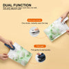 Mini handheld heat sealer with white and blue color options, featuring a cutting blade and USB charging port