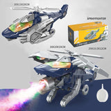 Transforming robot toy in fighter jet mode with wings spread, spraying water, with flashing lights and sound effects