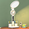 Multifunctional desk lamp with adjustable LED light, digital clock display, and built-in fan, all in a modern and stylish design