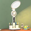 Multifunctional desk lamp with adjustable LED light, digital clock display, and built-in fan, all in a modern and stylish design