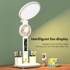 Multifunctional desk lamp with adjustable LED light, digital clock display, and built-in fan, all in a modern and stylish design